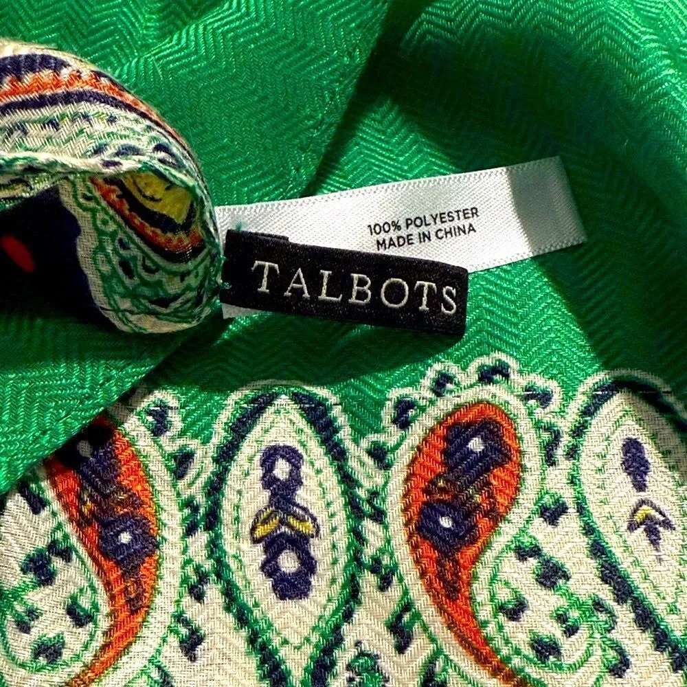 Talbots Cream Fleur Blue Green Paisley Edged Preppy Shawl Wrap Scarf
